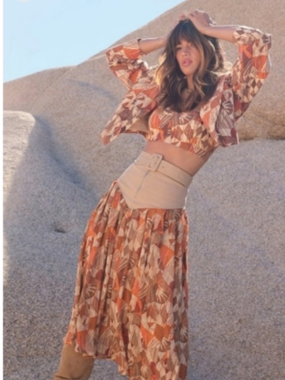 THE BRIGHT SIDE Vintage Skirt M Yoke Waist Belted Beige Brown
Boho Twirly Wester